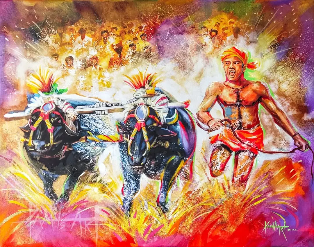 An acrylic on canvas painting depicting the Kambala, the traditional buffalo race from my hometown in Mangalore. I used explosive colors and dynamic brushstrokes to capture the speed, splash, and intense energy of this unique Tulunadu cultural event.