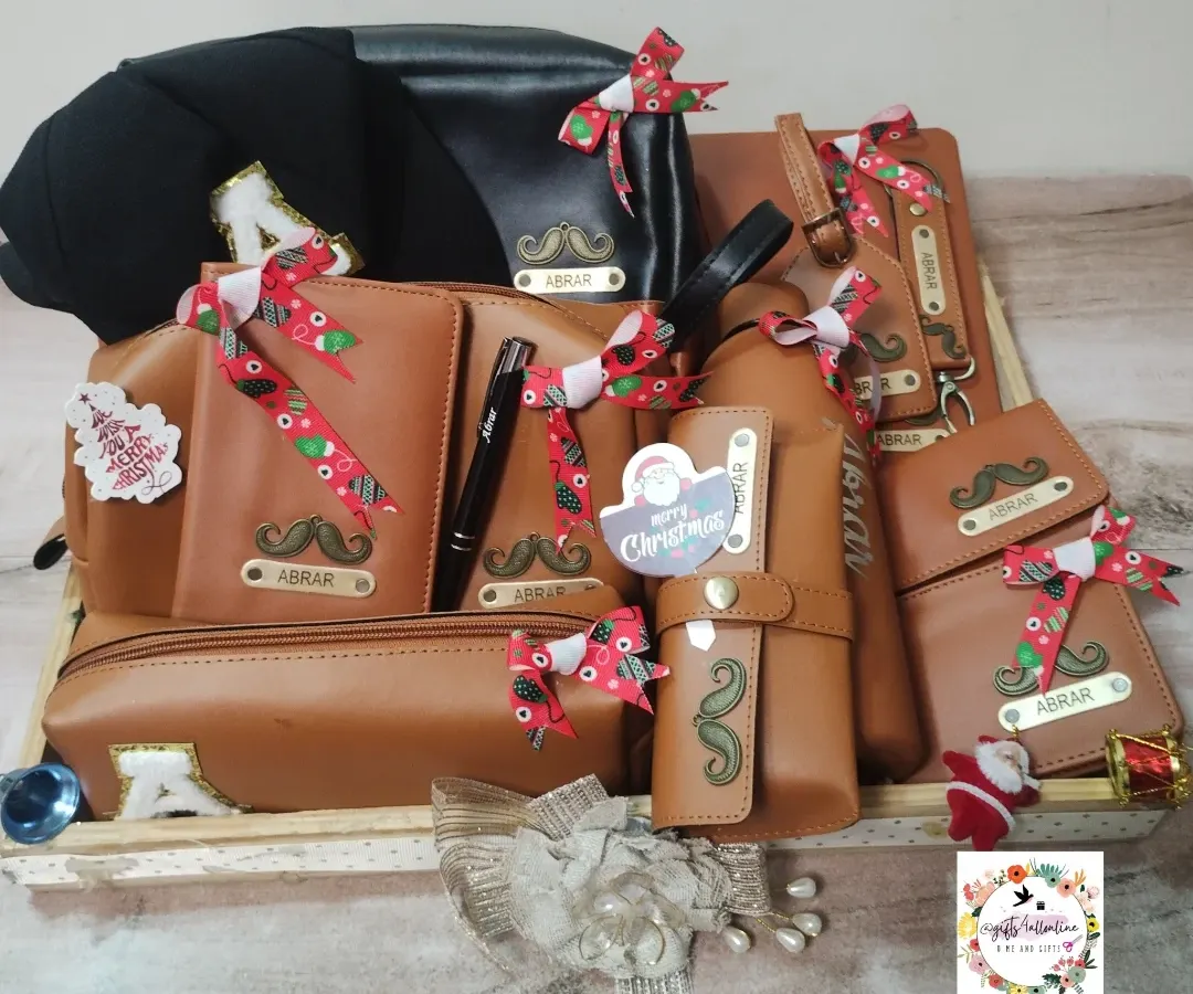 A look at a fully loaded Christmas hamper we created for actor Abrar Qazi. This set features 13 distinct, personalized leatherette items, including a wallet, passport cover, and travel pouches, all customized with his name and a signature charm.