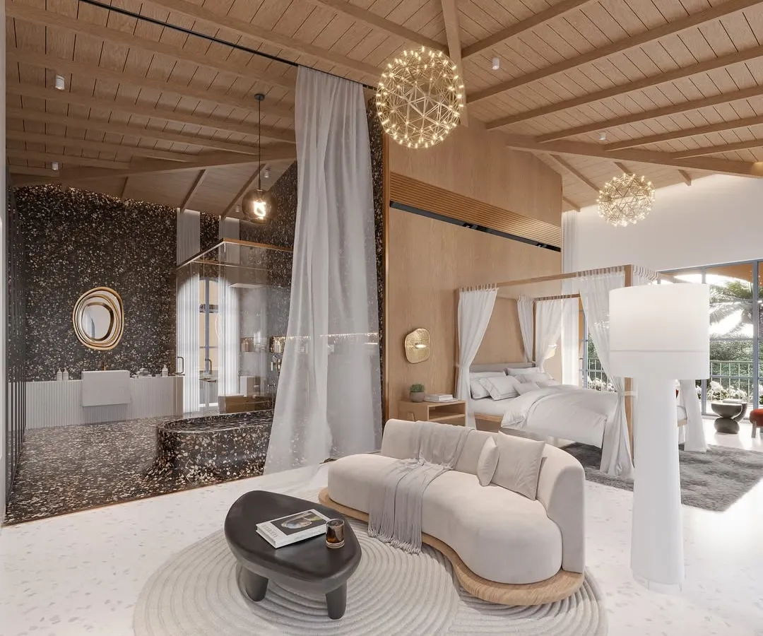 I believe a master suite should be a sanctuary. In this open-plan design, I blended the bedroom and bathroom, using a dramatic terrazzo finish and a vaulted wood ceiling to create a space that feels both grand and intimate. It is a study in texture, light, and luxurious tranquility.