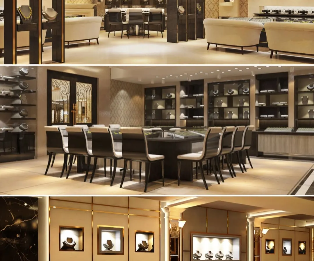 A glimpse into the bespoke retail experience we crafted for Juggal Kishore Jewellers. The design features distinct zones, including private viewing areas and grand display counters, all unified by a palette of cream, gold, and dark wood to create an atmosphere of timeless luxury.