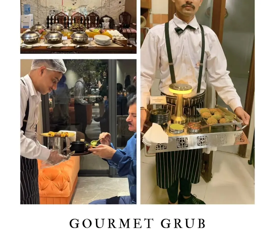 I believe in service that is as excellent as the food. This collage captures my commitment to premium catering, from elegant buffet setups to my smartly dressed staff serving guests with a warm, professional touch.