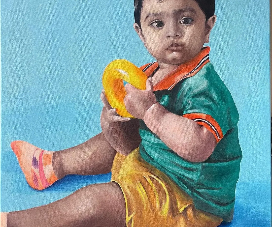 This is a portrait of my nephew, a piece that is very close to my heart. Capturing the innocence and gentle expression of a child is a delicate process, and I even repainted the face to get it just right. It’s this attention to detail that I bring to every personalized portrait.