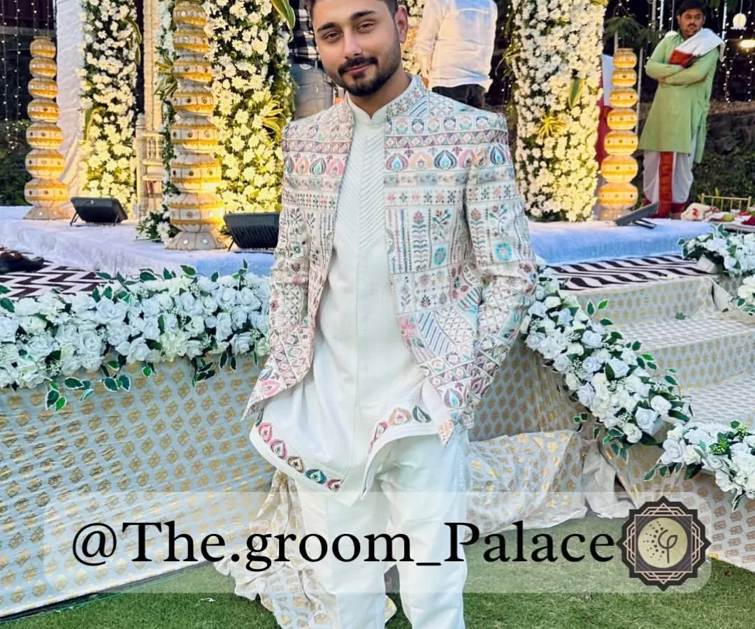 Here’s one of my clients looking sharp in a custom three-piece Rajwada shrug set. I worked with him to create this unique layered look with intricate, multi-colored embroidery, perfect for making an entrance. This is what I mean by personal style.