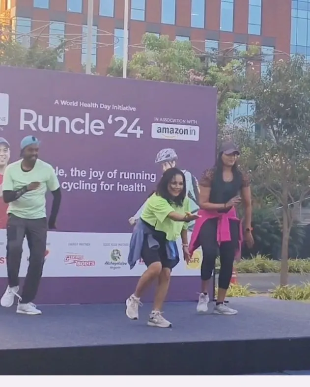 Leading a warm-up session for the Runcle'24 World Health Day initiative with Amazon. I love bringing my energy to large corporate wellness events and getting everyone moving for a great cause.