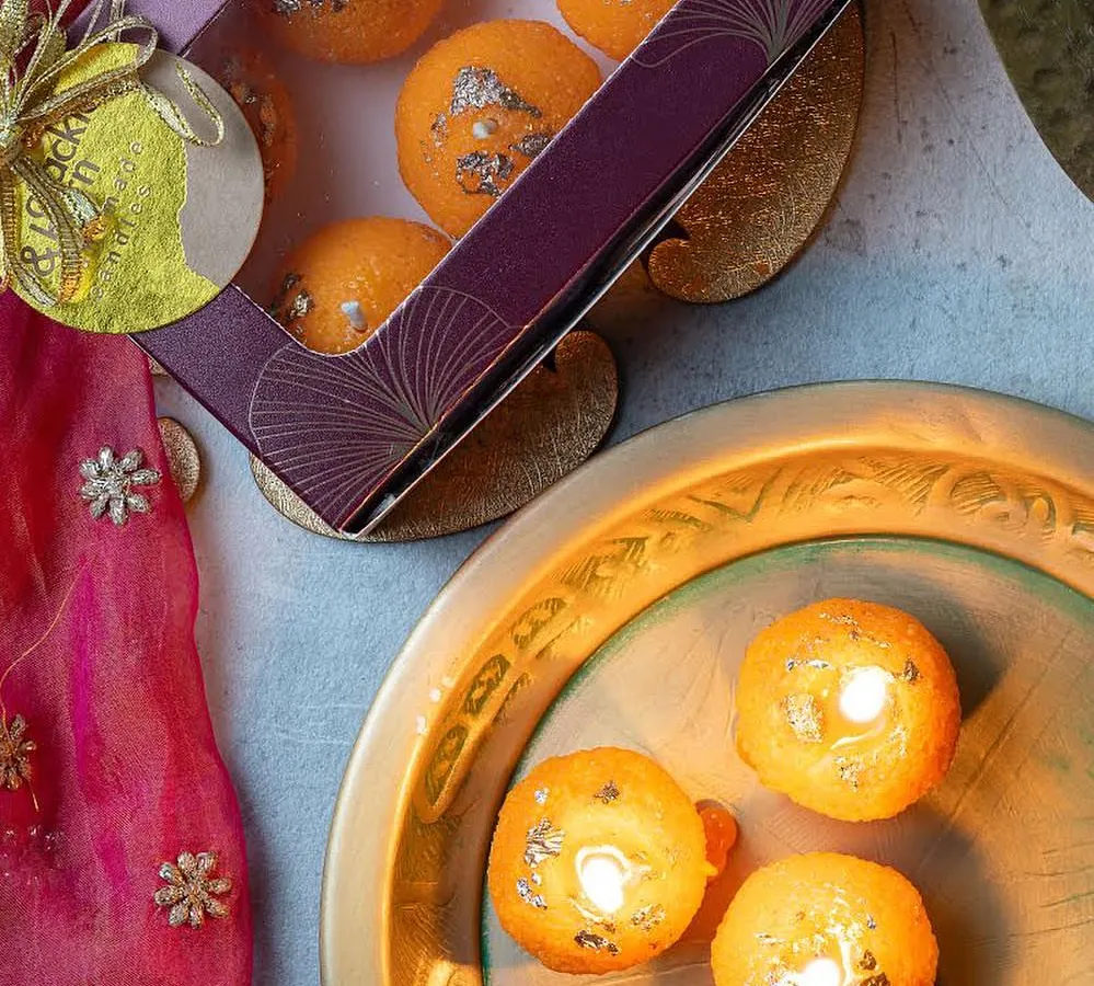 My Motichoor Ladoo candles are a bestseller every Diwali. They look just like the real sweet, complete with edible silver varq, and fill the room with a festive fragrance.