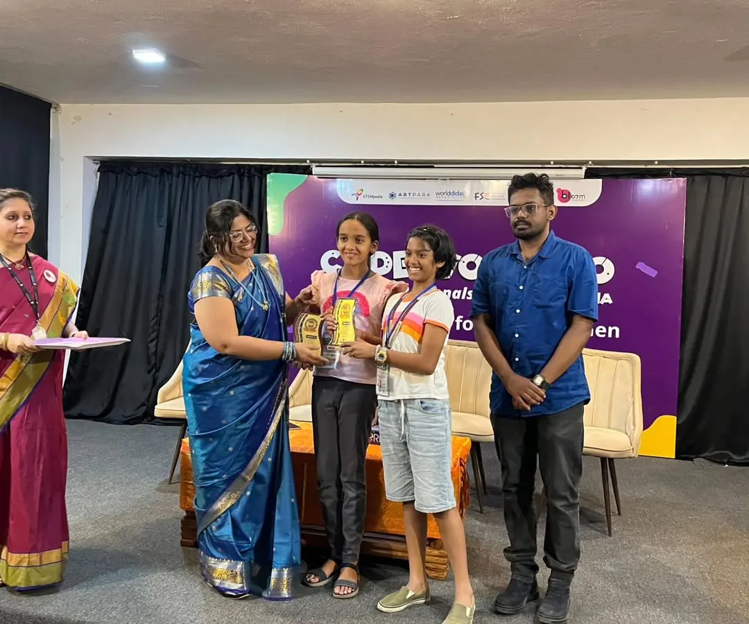 We believe in celebrating success, and our students give us many reasons to. Here, one of our teams is on stage receiving their first-place trophy at the Codeavour 6.0 robotics competition, a proud moment that reflects their dedication and problem-solving skills.
