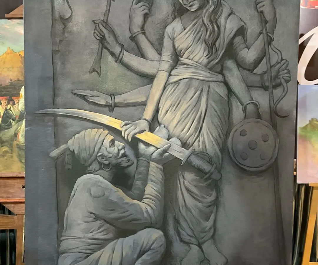 The finished piece from the Thane Art Festival. This is a 60x36 inch acrylic on canvas, created live over the course of the event. I enjoy working on a large scale to capture the grandeur of historical and cultural themes.