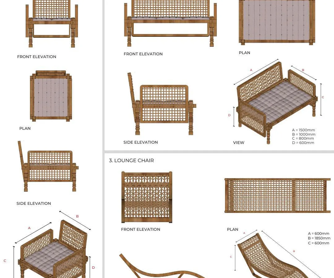 These are the technical drawings for my Nannilam collection, where I explore the structural potential of Lantana camara. This project transforms an invasive weed into functional, beautiful furniture like diwans and lounge chairs, creating a model for commercially viable, eco-positive design.