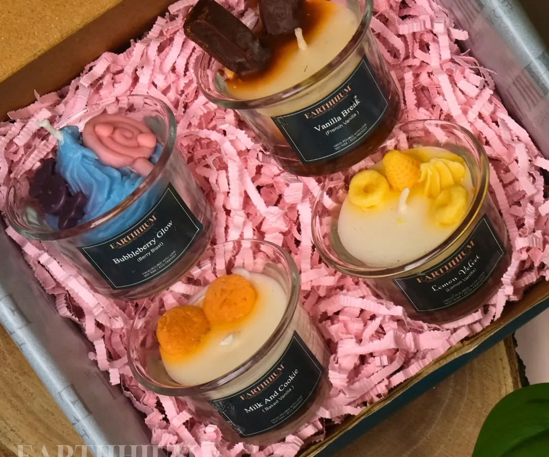 This set of four dessert-themed shot glass candles is a perfect example of how I blend fun scents with aesthetic design. It includes cozy fragrances like Milk & Cookie and Blueberry Glow, making it a sweet treat for yourself or a loved one.