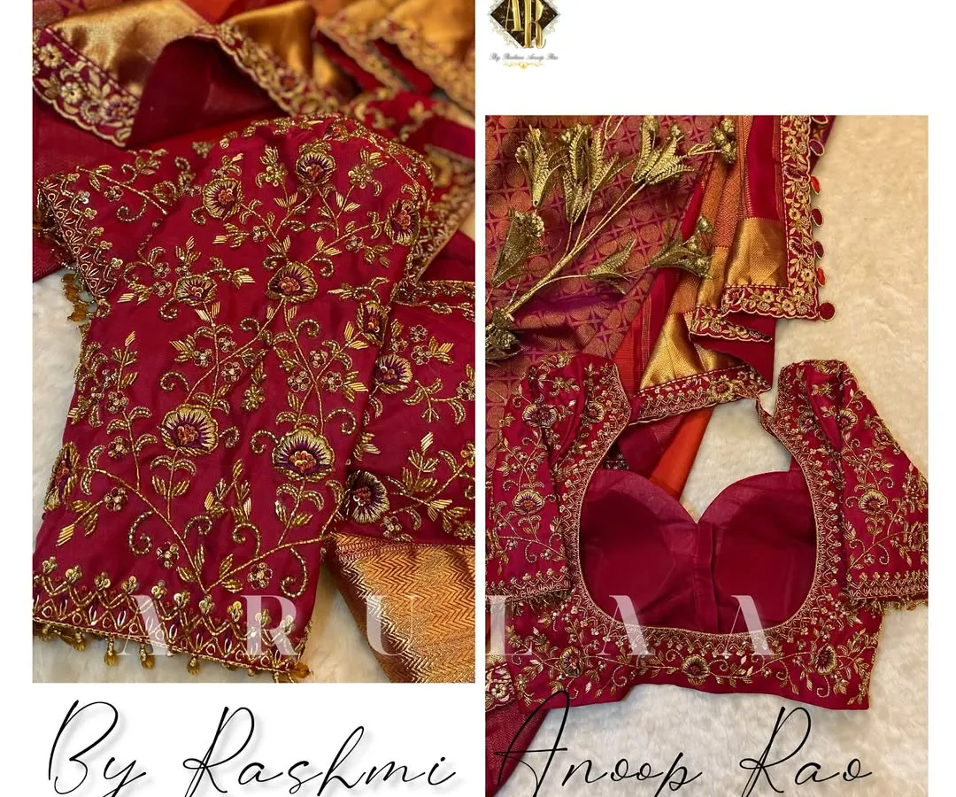 The magic is in the details. This is a close-up of a bespoke bridal blouse, showcasing the dense, traditional zardosi and floral embroidery that I love to create. Every stitch is done by hand to ensure it lasts a lifetime.