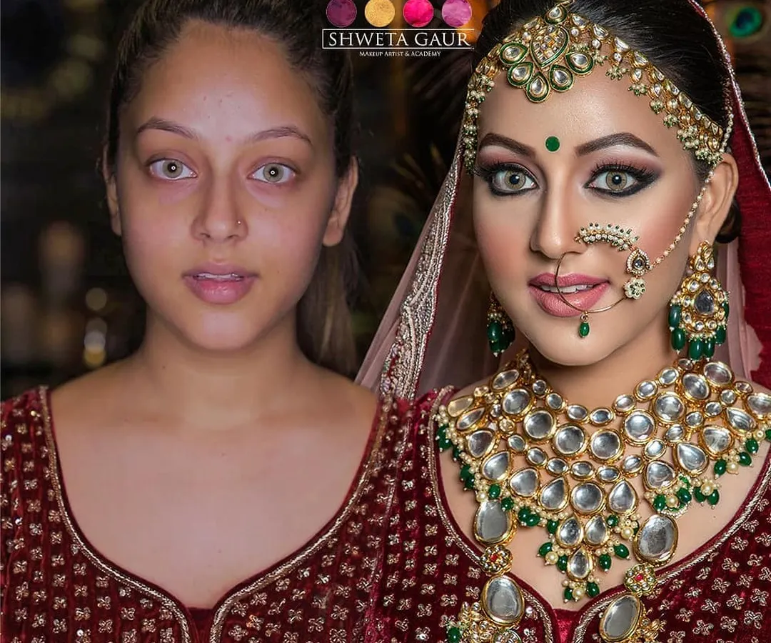 The power of professional makeup is in the details. This before-and-after shot highlights how we teach our students to master skin texture, color theory, and feature enhancement to create a perfect bridal canvas.