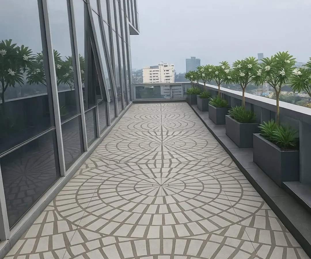 A rooftop terrace transformed with our exclusive designer tiles. The circular geometric pattern creates a stunning visual anchor for the entire outdoor area, proving that flooring is a canvas. This surface is durable, weatherproof, and designed for high-end outdoor living.