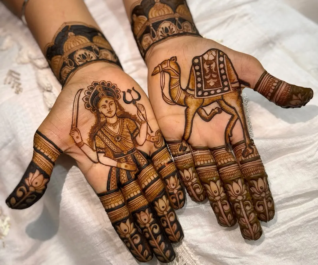 Bringing divine blessings to your special day. This design features a portrait of the goddess Dashama on one hand and her sacred camel on the other, a truly spiritual and personal request.