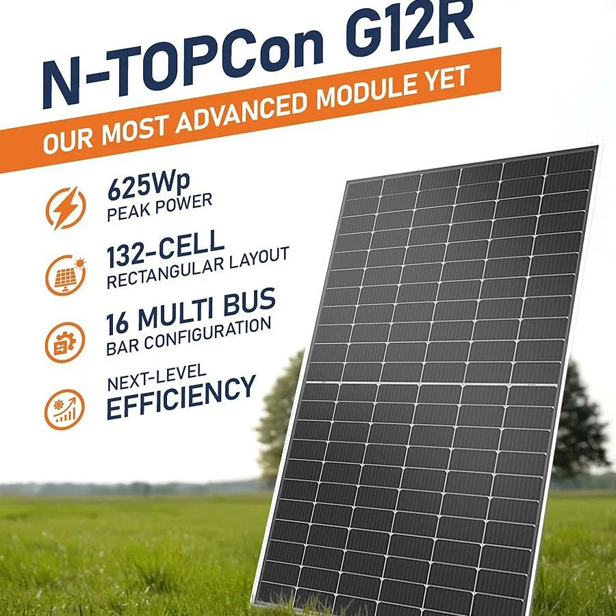 This is our N-TOPCon G12R, our most advanced solar module yet. It delivers up to 625Wp peak power with next-level efficiency, making it ideal for large-scale projects and demanding applications.