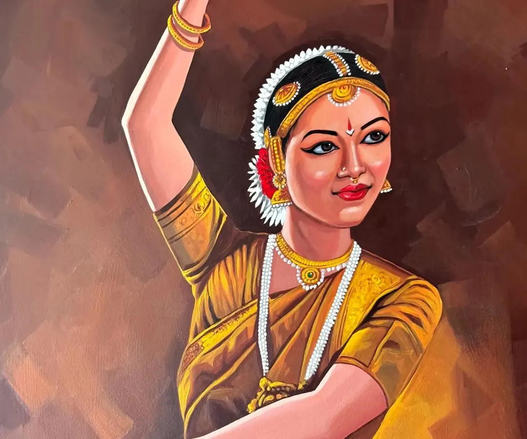 A detailed portrait of a Bharatanatyam dancer, captured mid-pose. I focused on the expressive face and the intricate details of the traditional costume and jewelry to convey the grace and emotion of this classical Indian dance form.