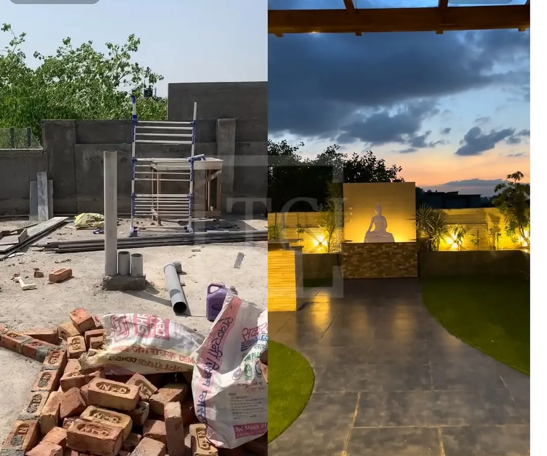 The power of a great design is in the contrast. I turned this barren, under-construction rooftop into a tranquil oasis with elegant stone flooring, soft lighting, and a serene Buddha statue as the centerpiece.