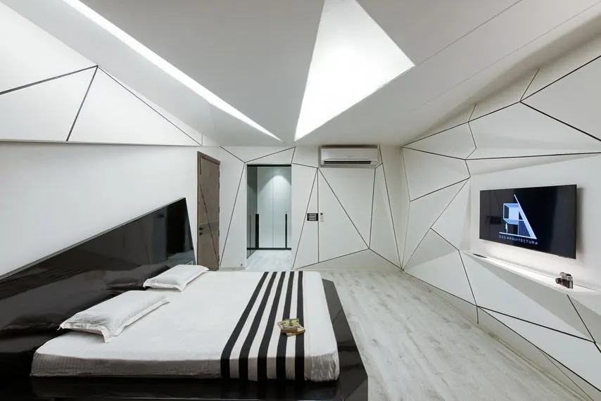 We pushed the boundaries of bedroom design with this deconstructivist concept. The interplay of geometric lines on the walls and ceiling creates a dynamic, sculptural space, while the monochrome palette maintains a sense of sophisticated calm.