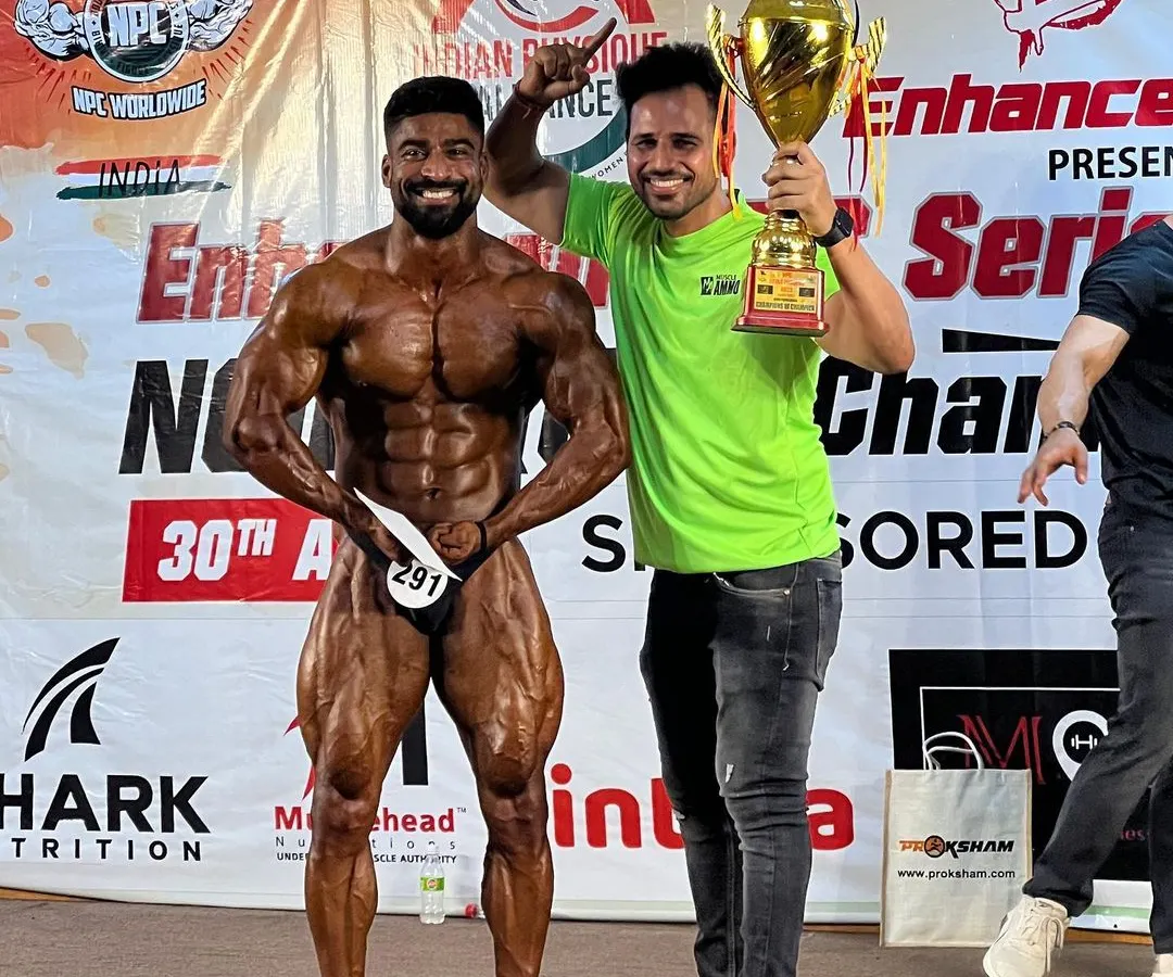 This is the result of pure jaddojahad (struggle). My athlete, Mohit Yadav, winning the Overall Championship at NPC Uttar Pradesh. We plan, we work, and we conquer the stage together.
