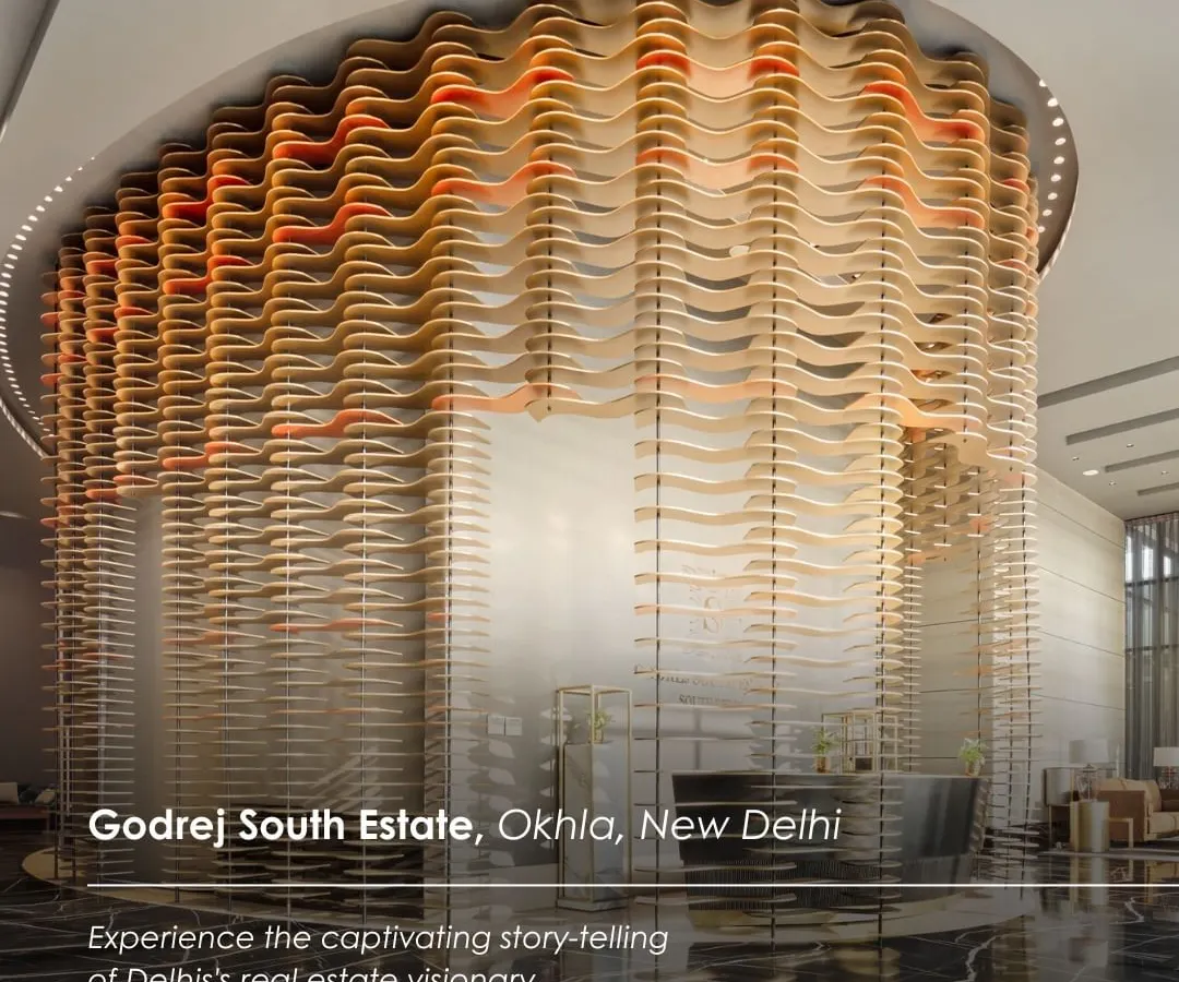 The striking AV zone at the Godrej South Estate Experience Centre in Okhla, New Delhi. This sculptural, wave-like installation creates an immersive enclosure, demonstrating how we use architectural forms to guide visitor journeys and create memorable brand narratives.