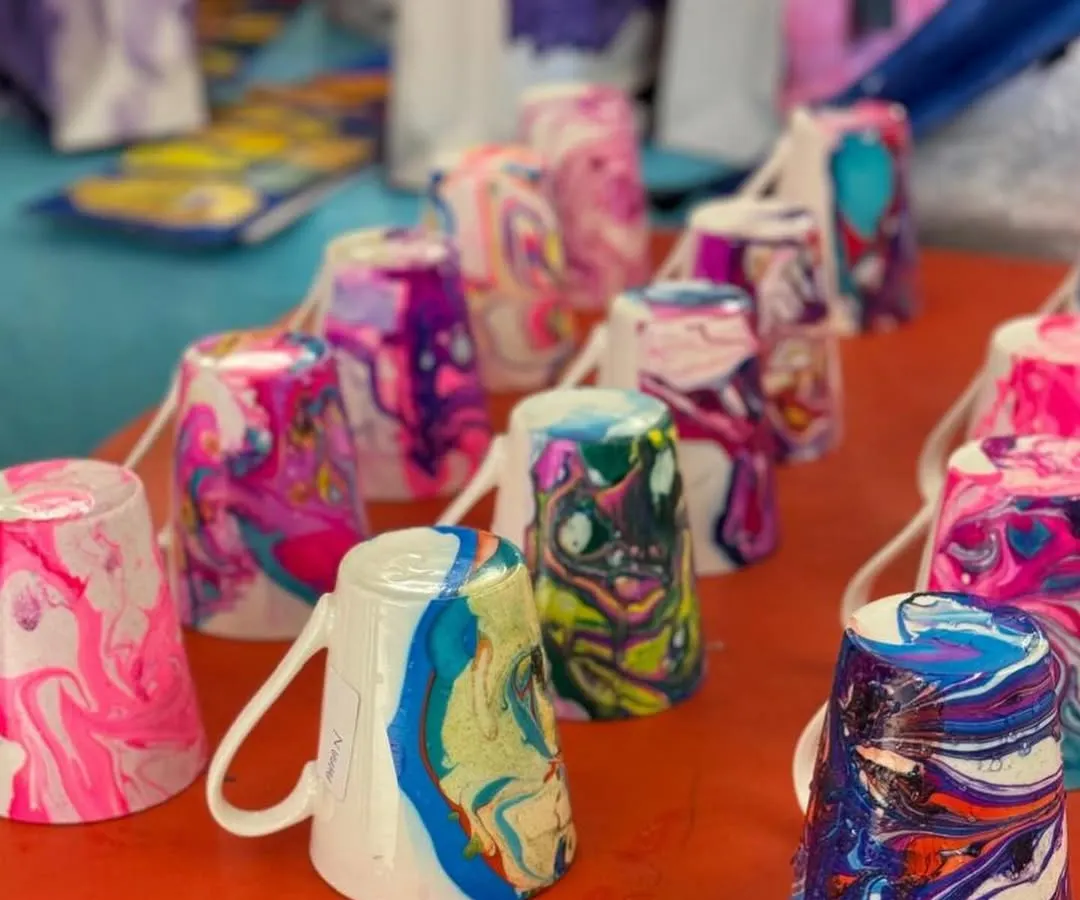 Every child leaves the party with their own unique creation. These beautiful marbled mugs are a super popular take-home craft, made by the kids themselves during the party. It's a wonderful, lasting memory of a fun-filled day.