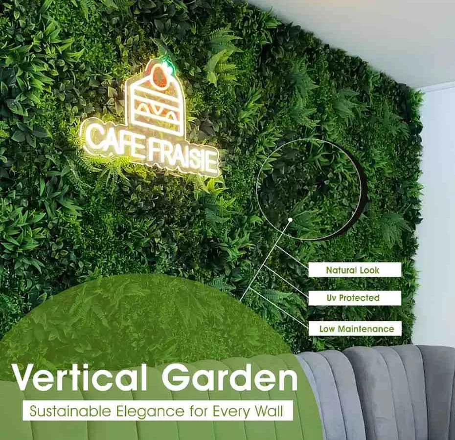 This is how I transform commercial spaces. For this cafe, I installed a lush, UV-protected vertical garden that creates a vibrant atmosphere, making it a memorable spot for customers. The neon sign adds a great touch to the green wall.