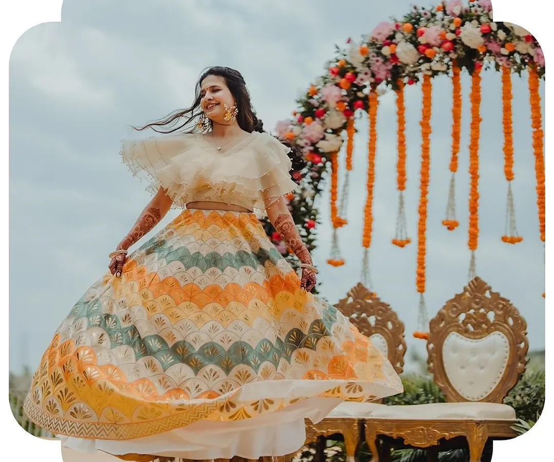A vibrant, multi-hued lehenga designed for movement and joy. The full-circle skirt with its chevron pattern comes alive with every twirl, making it a perfect choice for a sangeet or mehendi celebration.