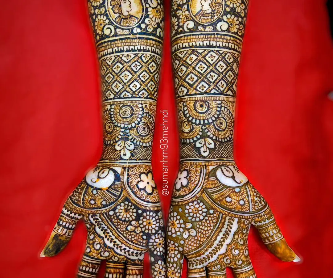 Your love story, drawn on your hands. This bridal design features custom portraits of the bride and groom, a beautiful way to personalize your wedding mehndi. I can incorporate any element that is special to you.