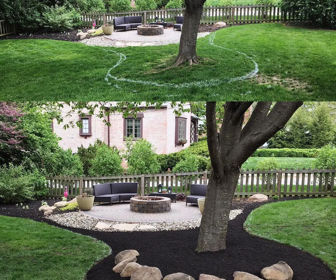This is a great example of how finishing touches make all the difference. The top photo is the yard with just the patio. In the bottom photo, you can see how adding a flowing mulch bed with a natural stone border really completes the space.
