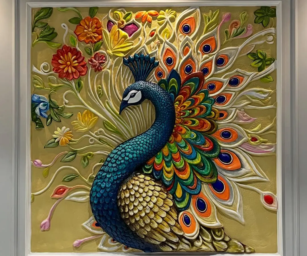 I find so much peace in creating detailed pieces like this 3D peacock mural. The vibrant colors and intricate textures are designed to make it a stunning centerpiece for any home.