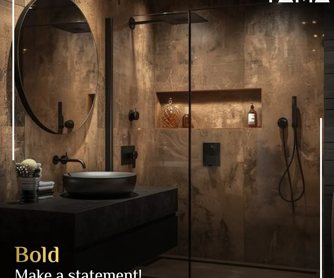For those who love to make a statement, I design bold, contemporary vanities. This setup uses dramatic, dark stone textures and matte black fixtures to create a powerful, moody aesthetic that is unapologetically modern.