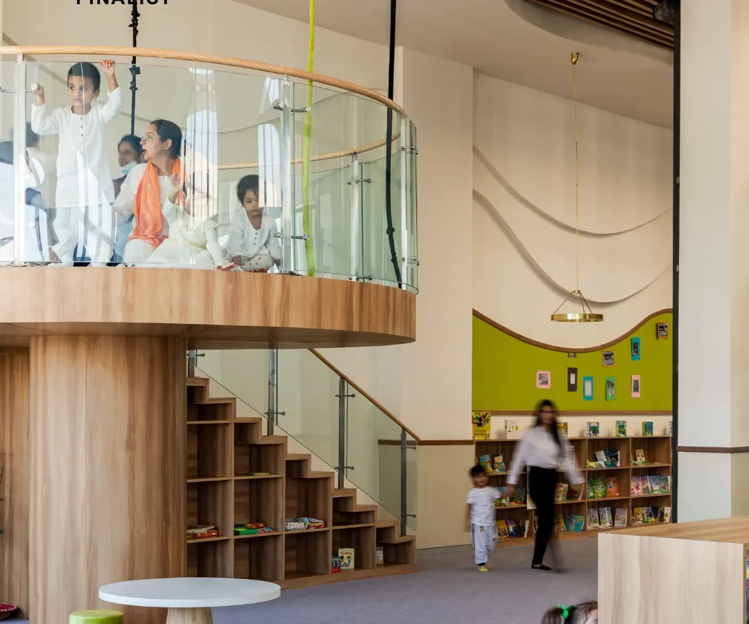 In the library of Vedanya School, Gurugram, learning is a joyful experience. This space, filled with natural light and playful forms, shows our commitment to creating interiors that spark curiosity and encourage interaction, especially for our youngest learners.