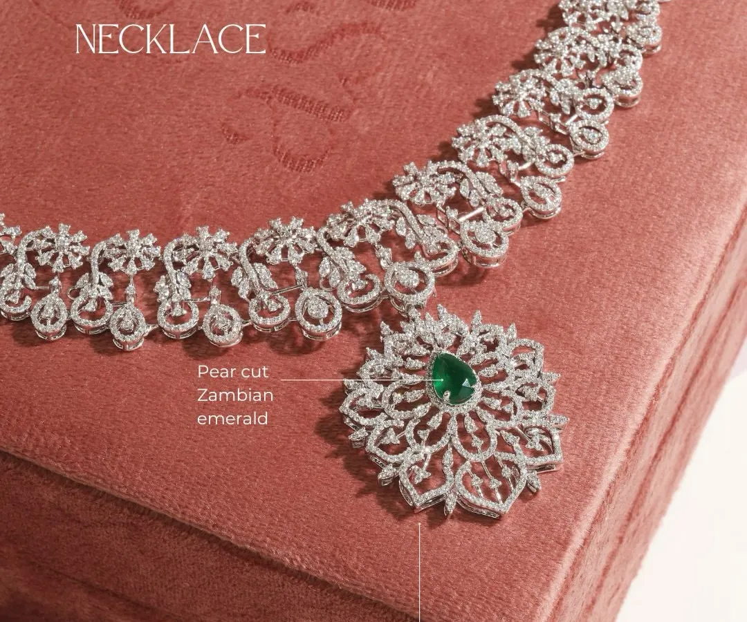 I believe in creating jewellery that adapts to your life. This Diamond Willow necklace features an intricate, detachable pendant with a stunning pear cut Zambian emerald, allowing you to wear it as a grand statement or a more subtle, classic diamond necklace.