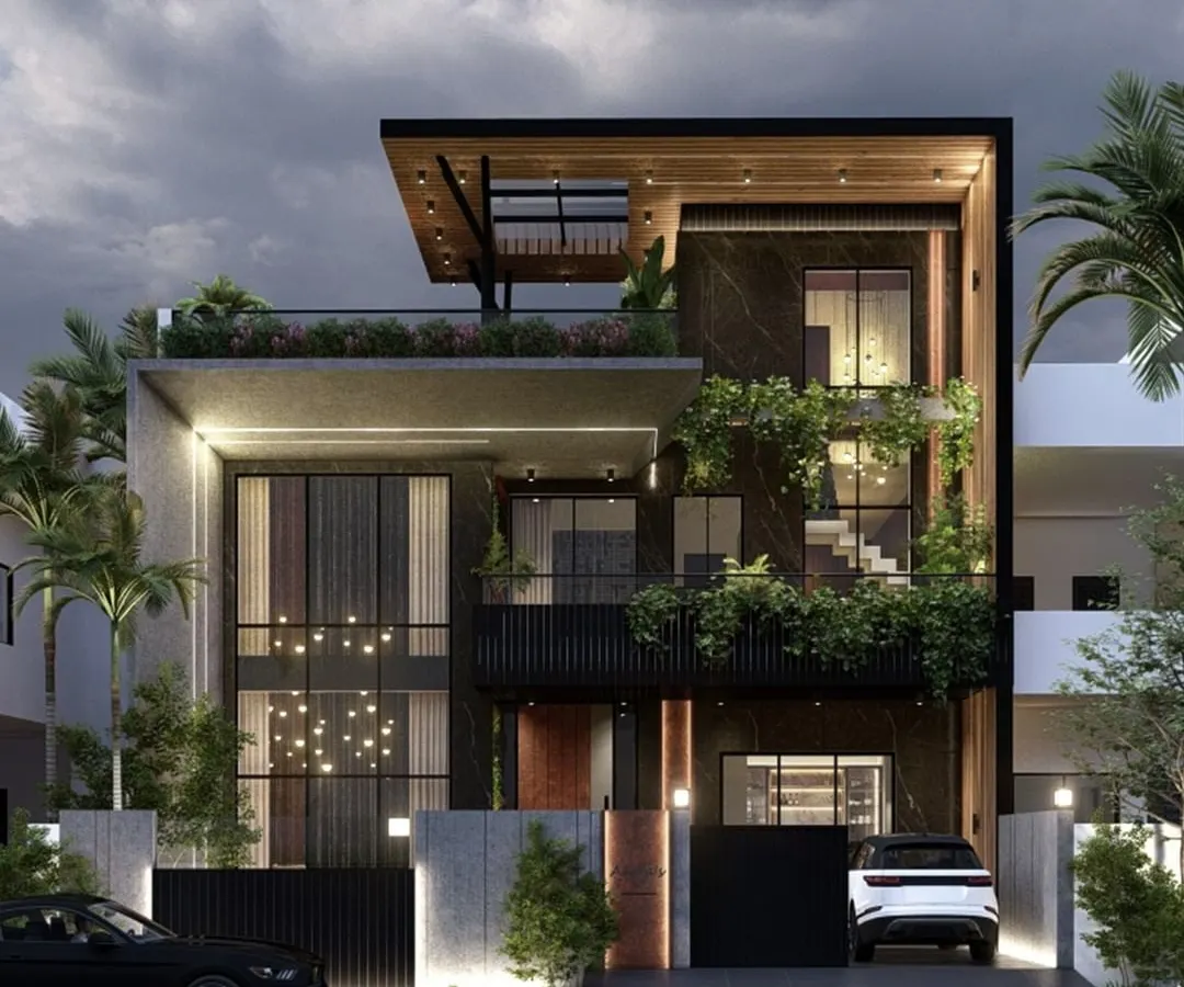 This is the architectural expression of a modern luxury residence, captured at dusk. Our design integrates bold structural forms with extensive glazing and lush terrace greenery, using strategic exterior lighting to accentuate the home's sophisticated, multi-layered facade and create a commanding presence.