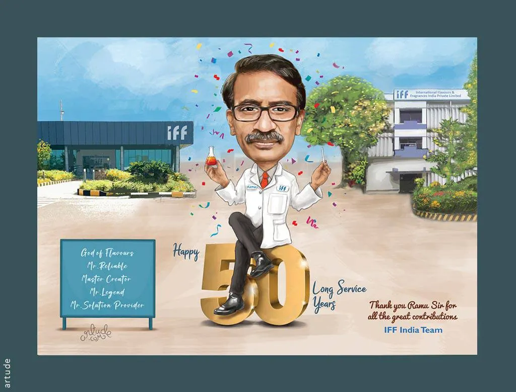 We help companies celebrate their most dedicated team members. This detailed digital caricature was commissioned by IFF India to honor an employee's incredible 50 years of service.