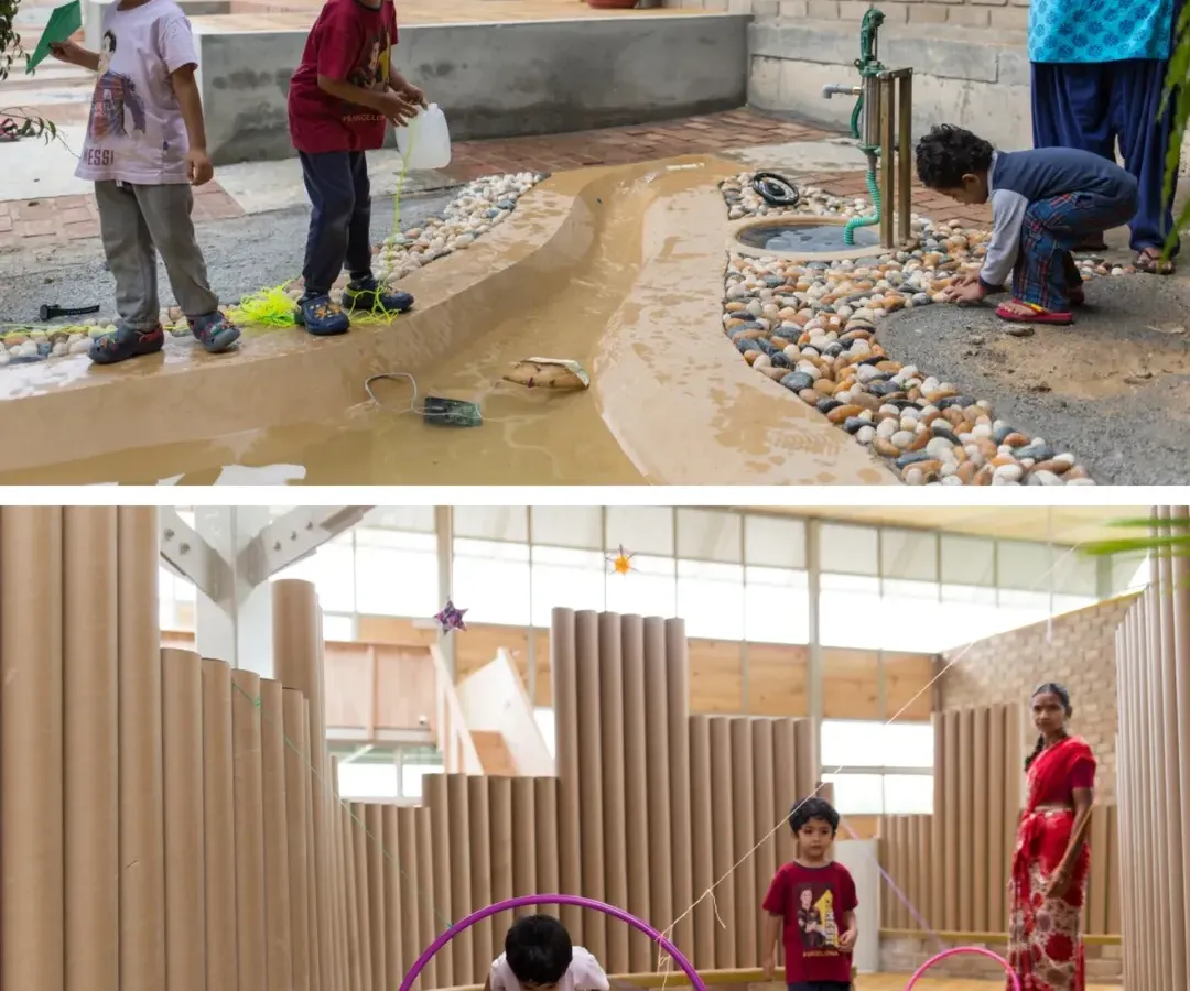 At the Atelier School in Bangalore, learning happens everywhere. This collage shows how we designed spaces that are as much a part of the education as the curriculum, using playful elements like a water channel and partitions made from reusable paper tubes, all inspired by the Reggio Emilia philosophy.