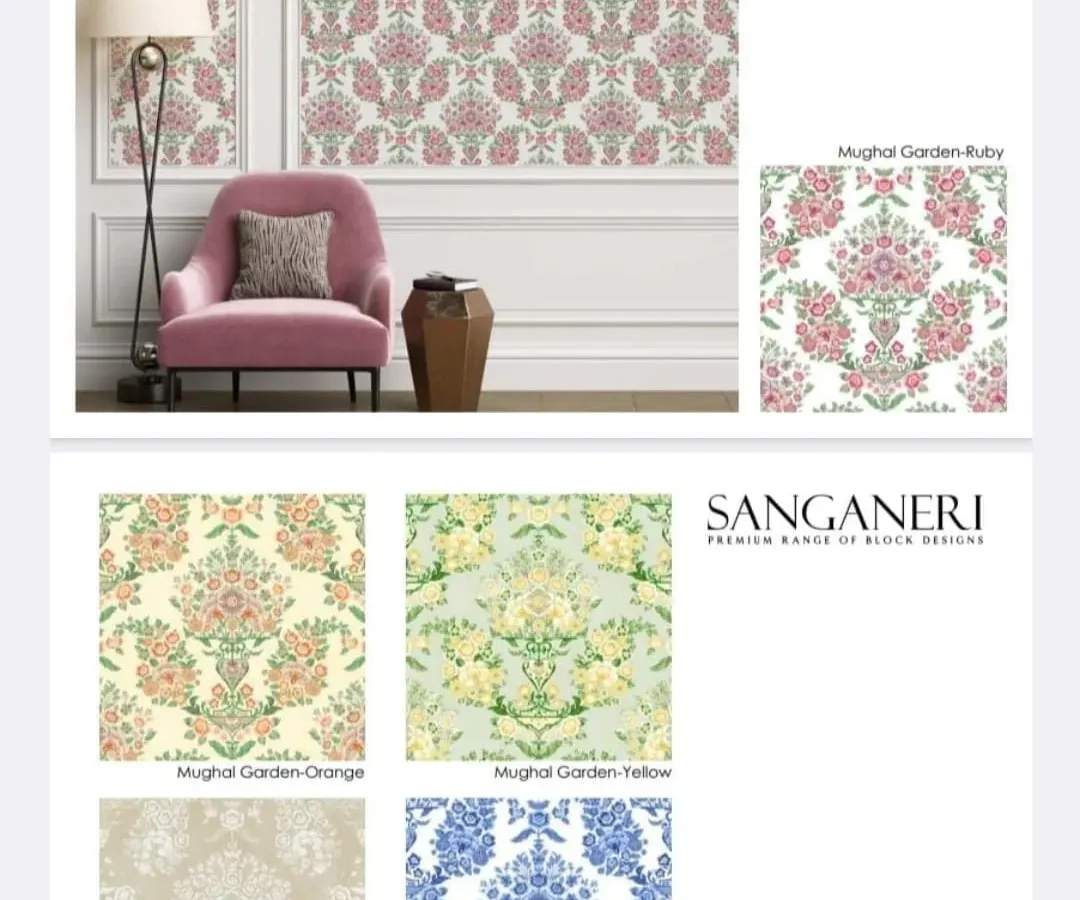 I am proud to offer my exclusive Sanganeri collection, which brings traditional Indian artistry to your walls. This Mughal Garden design, shown here in a ruby colorway, adds a royal and elegant touch to any space, blending heritage with modern interior design.