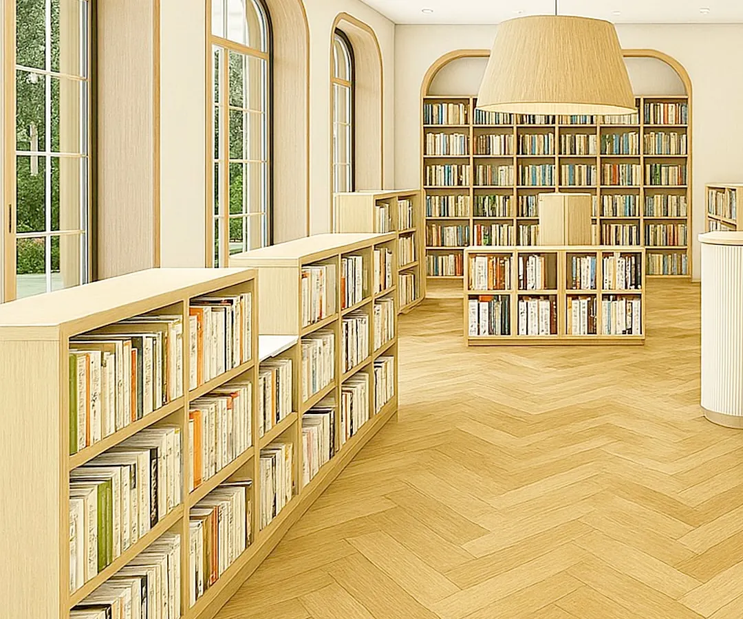 A look inside a modern college library we designed for Queen’s College, Indore. The space combines warm Scandinavian minimalism with classical architectural arches, creating a serene and inviting atmosphere for focused study and reading.