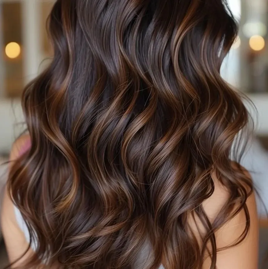 A perfect example of a coffee brown balayage that I specialize in for Indian skin tones. Notice how the hand-painted highlights create a seamless, sun-kissed dimension, while the soft waves show off the rich, glossy color.