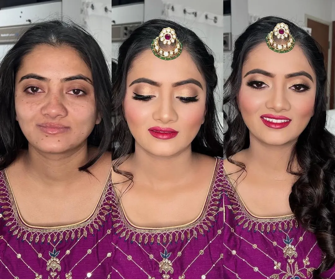 The magic of makeup is in revealing the beauty that's already there. This before and after shows a complete transformation, using color correction and airbrush foundation to create a flawless, even-toned complexion for a stunning Roka ceremony look.