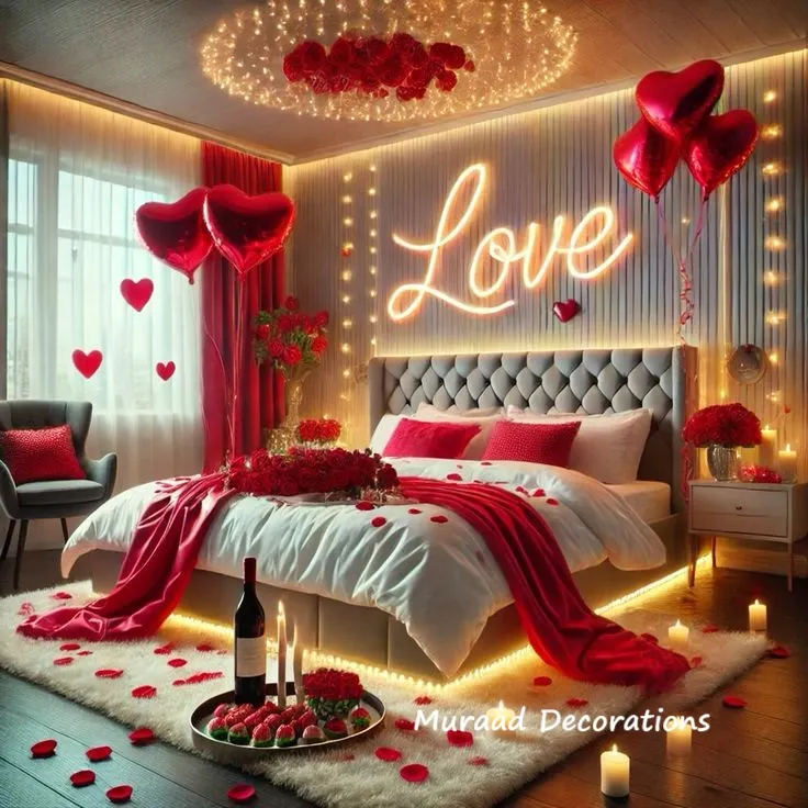 For the ultimate romantic gesture, we can turn any bedroom into a luxurious retreat. This setup features a "Love" neon sign, dramatic red accents, heart-shaped balloons, and soft candlelight to create an unforgettable ambiance.