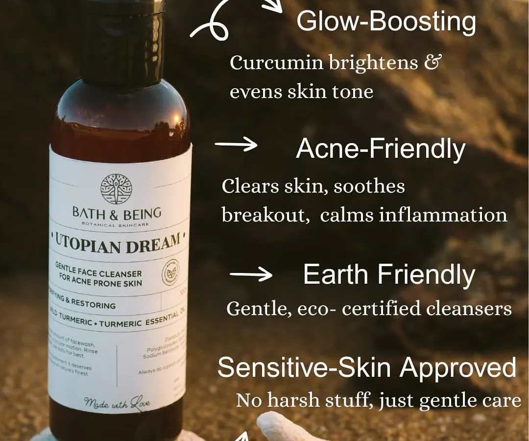 Meet our Utopian Dream Turmeric Facewash, the heart of our collection. This infographic shows you exactly why it's a crowd favourite. It's formulated to be gentle, effective, and earth-friendly, bringing a natural glow to your daily routine.