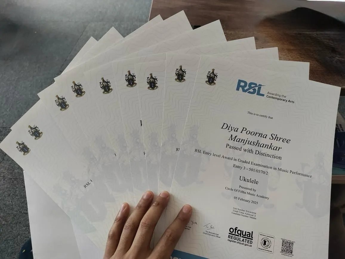 The results are in, and we couldn't be prouder. This stack of certificates represents the hard work of our students in the recent RSL exams, with 8 out of 10 achieving a Distinction. We celebrate every single achievement on the path to musical mastery.