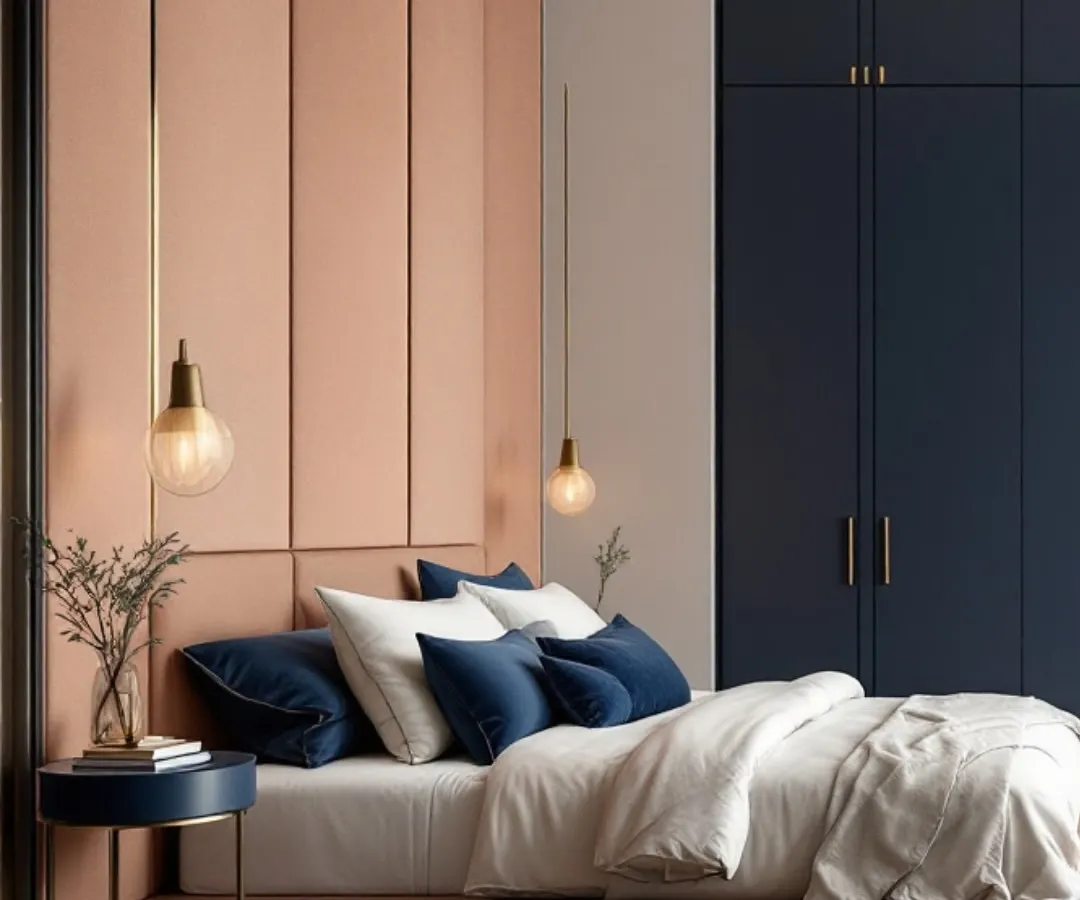 I love exploring how color can shape the feeling of a room. This bedroom combines the warmth of peach with the depth of midnight blue. The suede-paneled headboard and custom cabinetry create a space that feels like a serene, modern escape.
