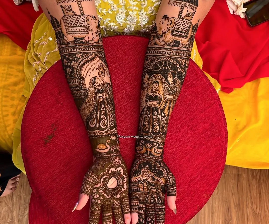 I love telling stories through my art. This traditional bridal mehendi features intricate figures, including a bride in her doli and majestic elephants, to make your design truly unique and personal.
