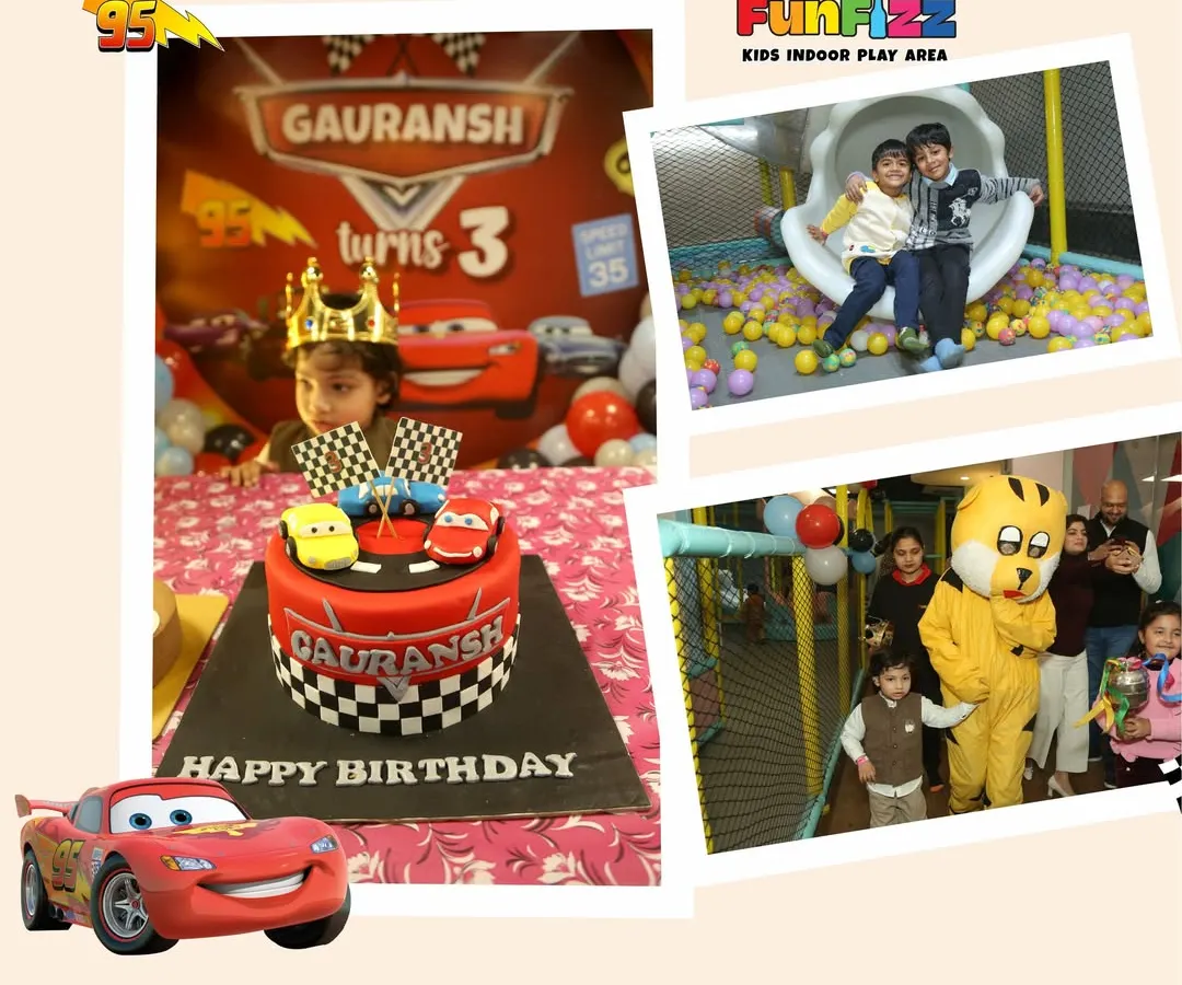 We specialize in creating magical themed birthday parties. This collage from a 'Cars' themed party shows it all: the custom cake, happy kids, fun with our mascot, and the exciting play area. Let us make your child's next birthday unforgettable.