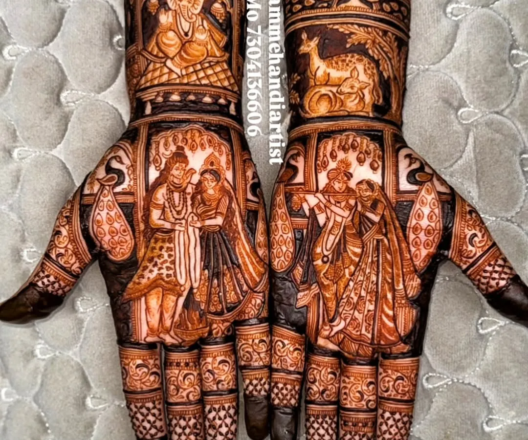 This design showcases my expertise in portraiture, with stunning depictions of Radha-Krishna and Shiva-Parvati. I can weave your personal stories and beliefs into your bridal henna.