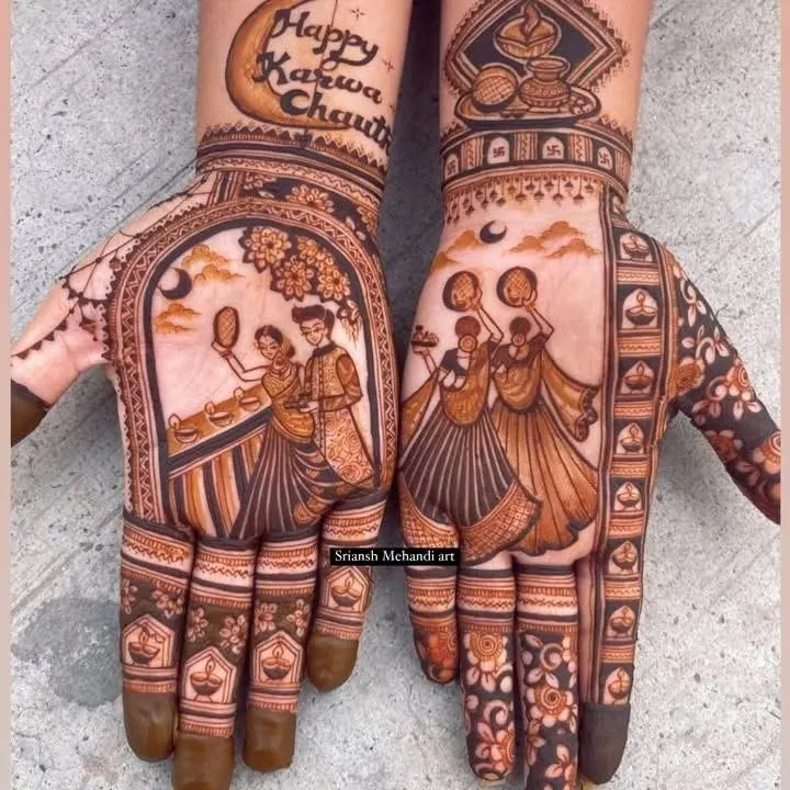 Celebrating Karwa Chauth with art that tells your story. This design combines a classic couple portrait with a scene of friends celebrating together, all under a 'Happy Karwa Chauth' blessing. It shows the complete emotion of the festival.