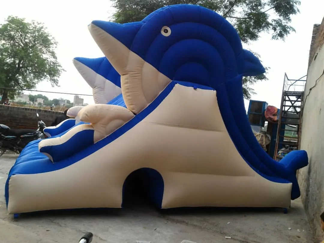 A clear view of the Dolphin inflatable water slide available for rent. It is a large, sturdy slide that is very popular for children's parties in Mumbai.