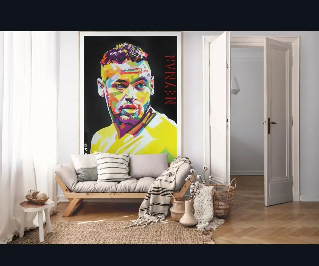 A large-scale pop art portrait of Neymar, designed as a statement piece for a modern living room. This shows how a custom canvas painting can become the focal point of your home decor, bringing energy and personality to the space.