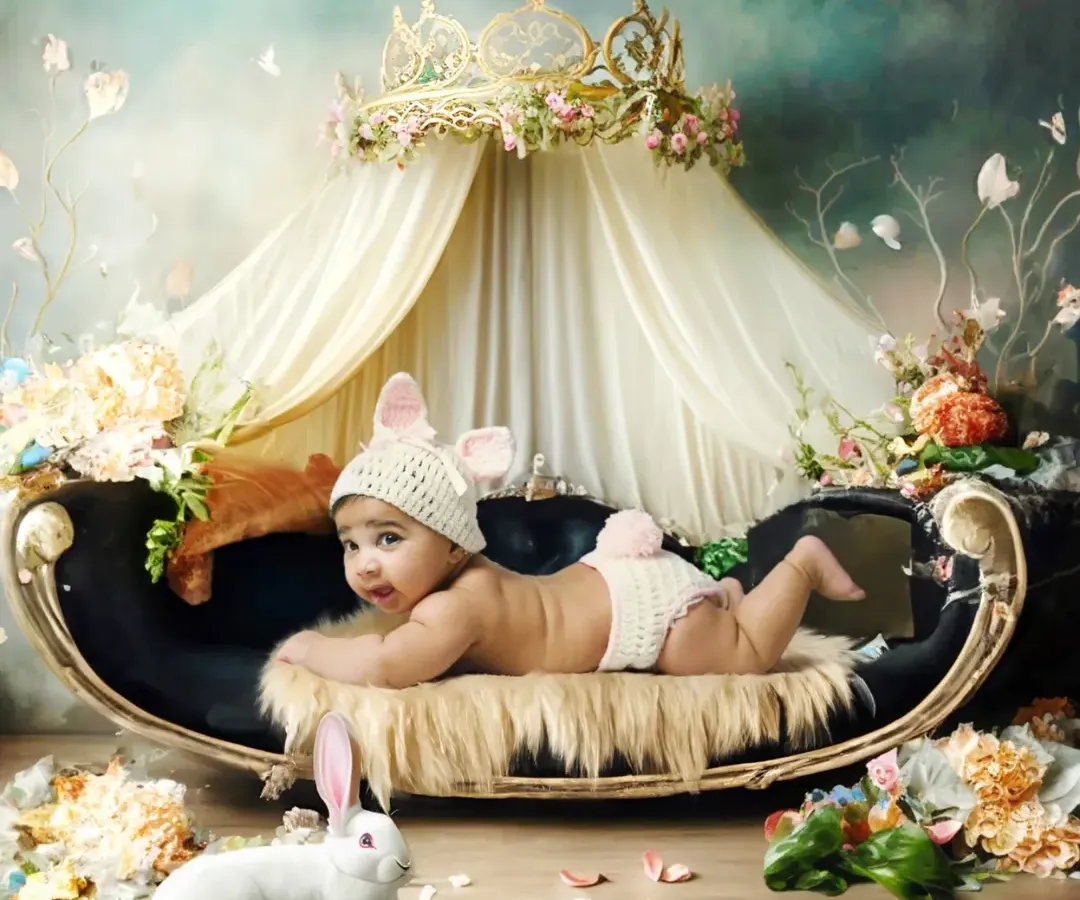 I create elaborate, dream-like setups to make your child's photoshoot truly magical. This royal bunny theme shows the level of detail and creativity I bring to each session, whether at my studio or your home.